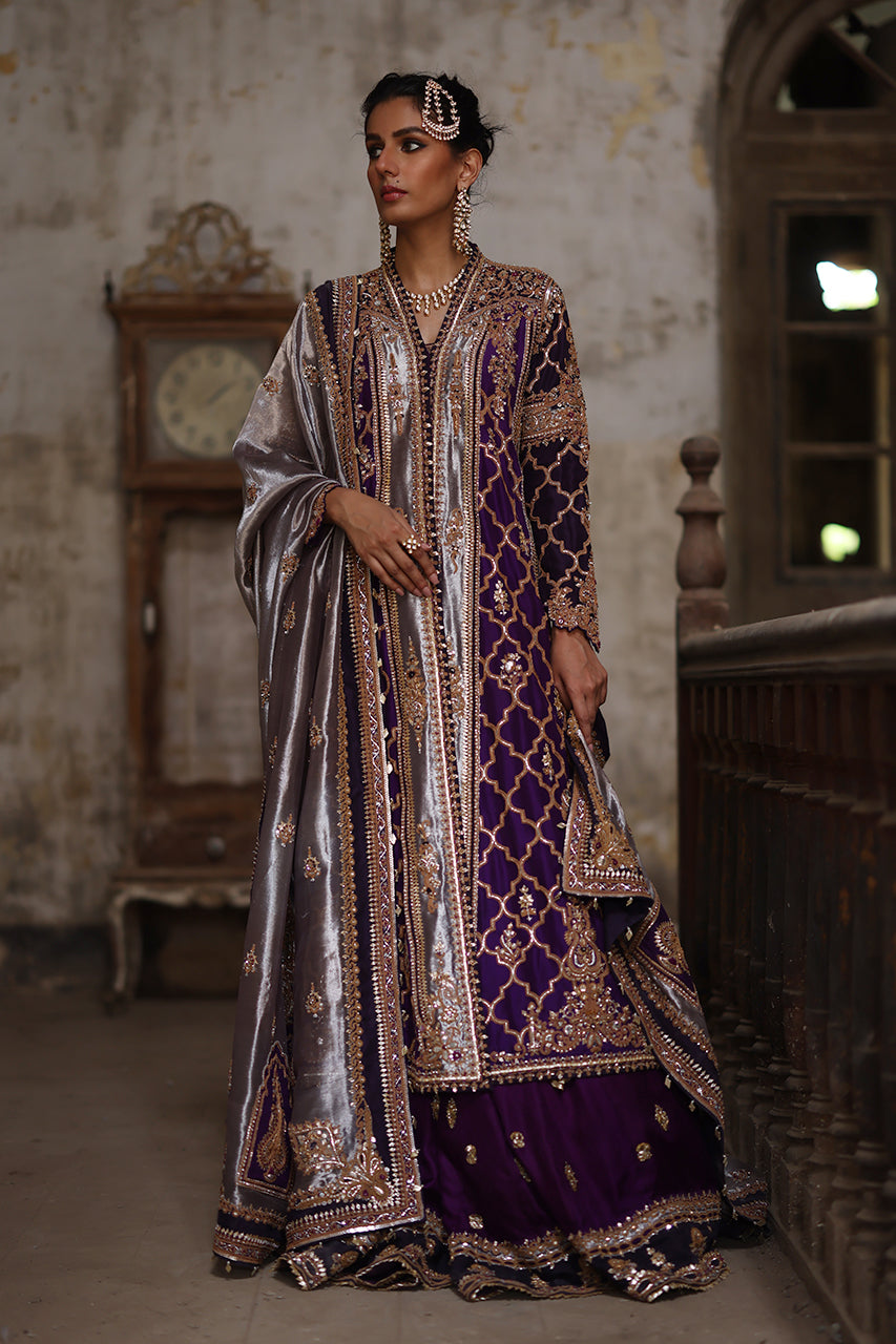 Pakistani Purple Marori Raw Silk Chogha with Jamawar Gharara (3-Piece) - Image 1
