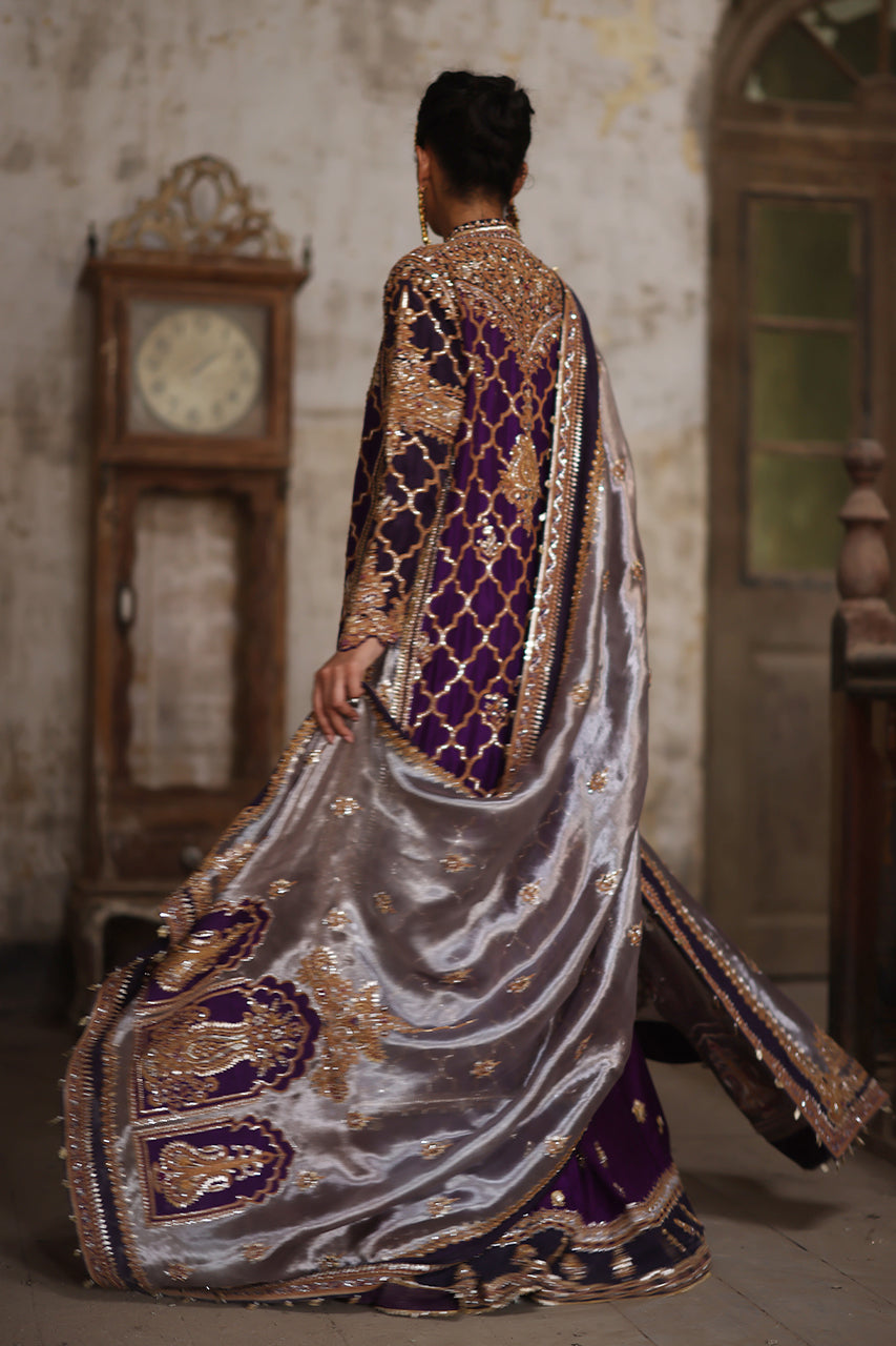 Pakistani Purple Marori Raw Silk Chogha with Jamawar Gharara (3-Piece) - Image 2