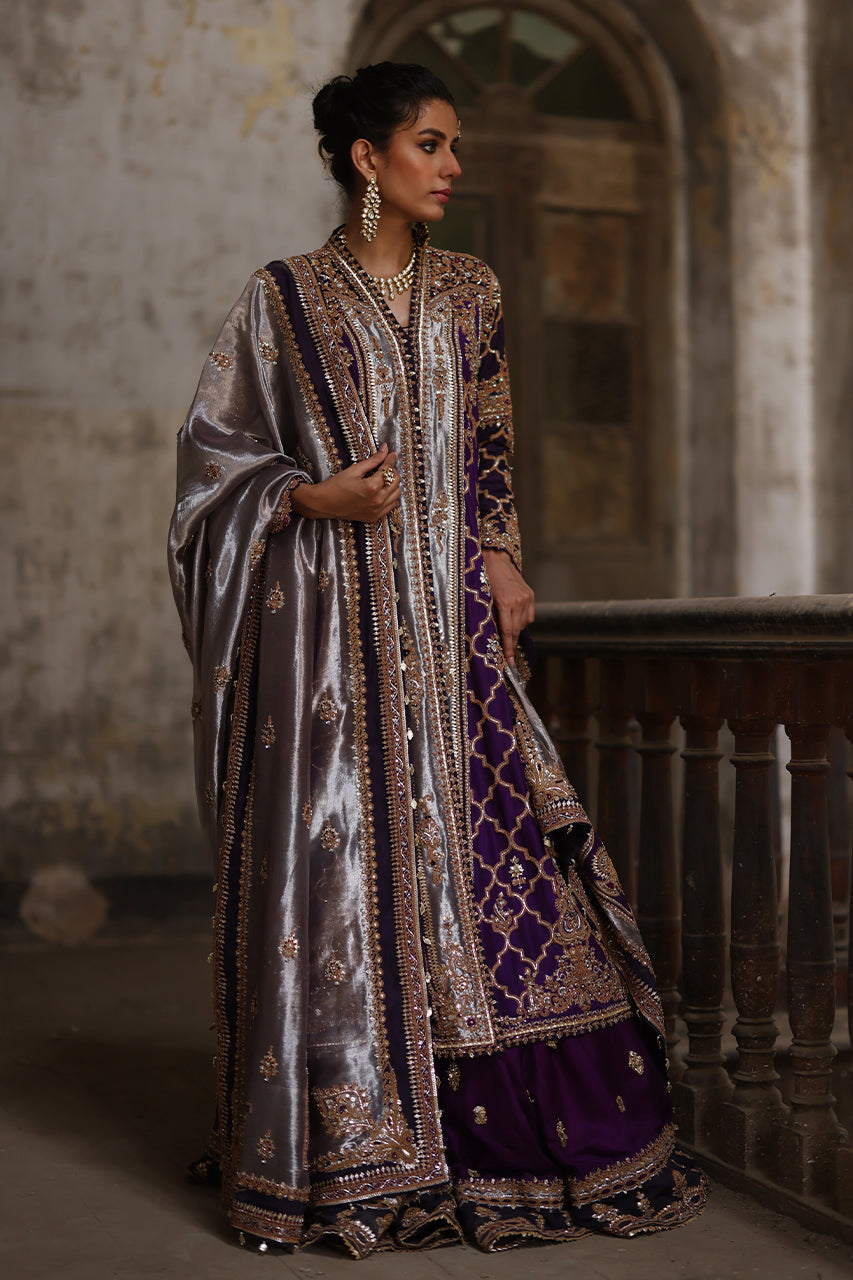 Pakistani Purple Marori Raw Silk Chogha with Jamawar Gharara (3-Piece) - Image 3