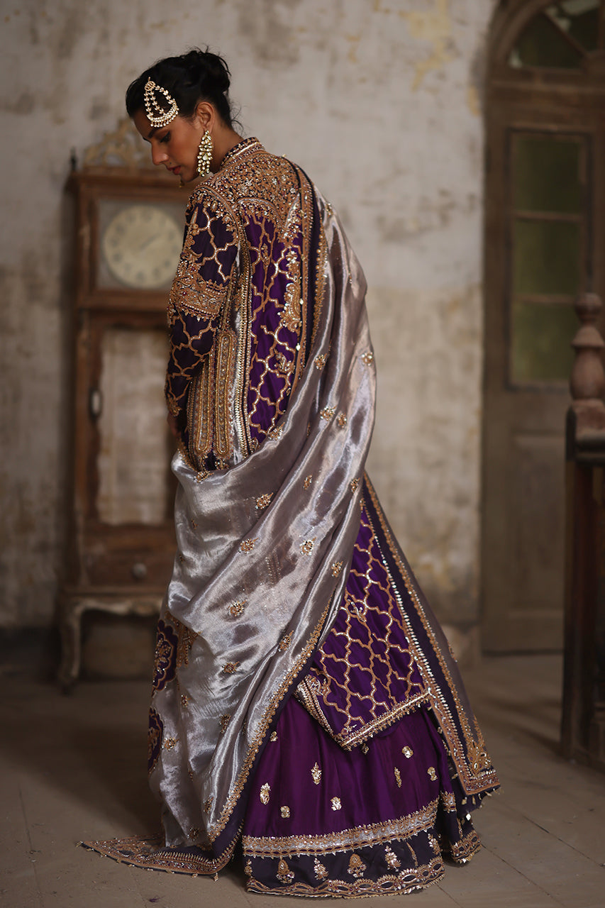 Pakistani Purple Marori Raw Silk Chogha with Jamawar Gharara (3-Piece) - Image 4