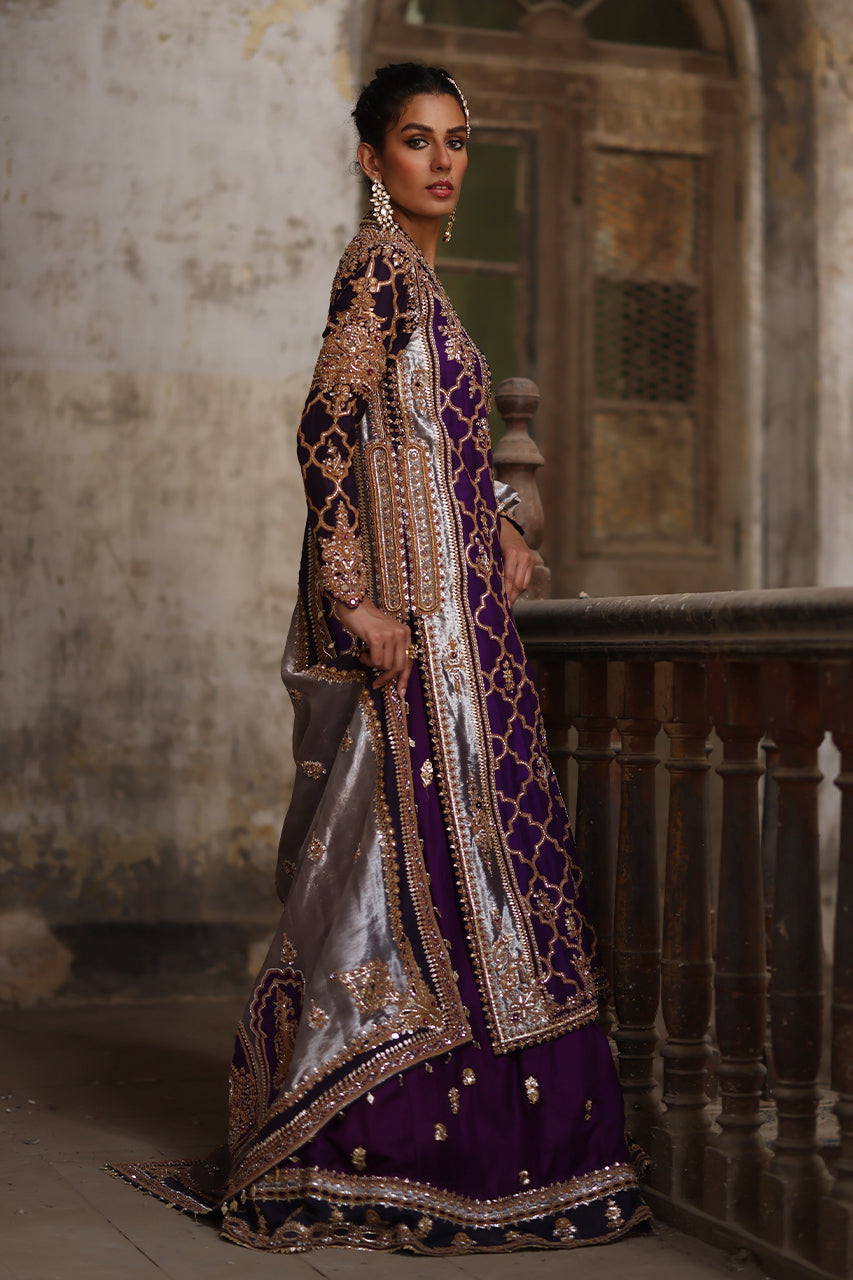 Pakistani Purple Marori Raw Silk Chogha with Jamawar Gharara (3-Piece) - Image 5