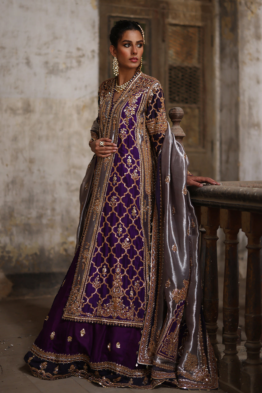 Pakistani Purple Marori Raw Silk Chogha with Jamawar Gharara (3-Piece) - Image 6