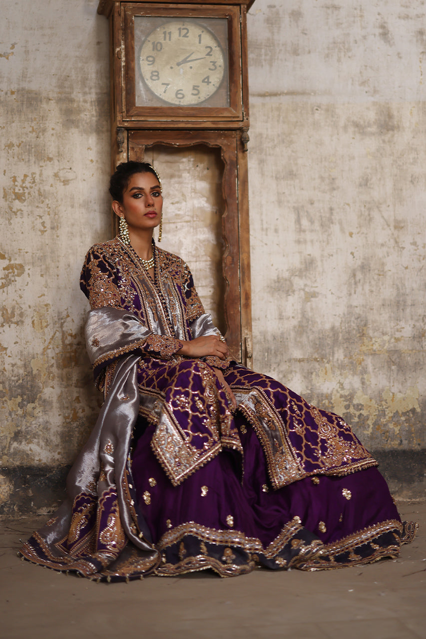 Pakistani Purple Marori Raw Silk Chogha with Jamawar Gharara (3-Piece) - Image 8