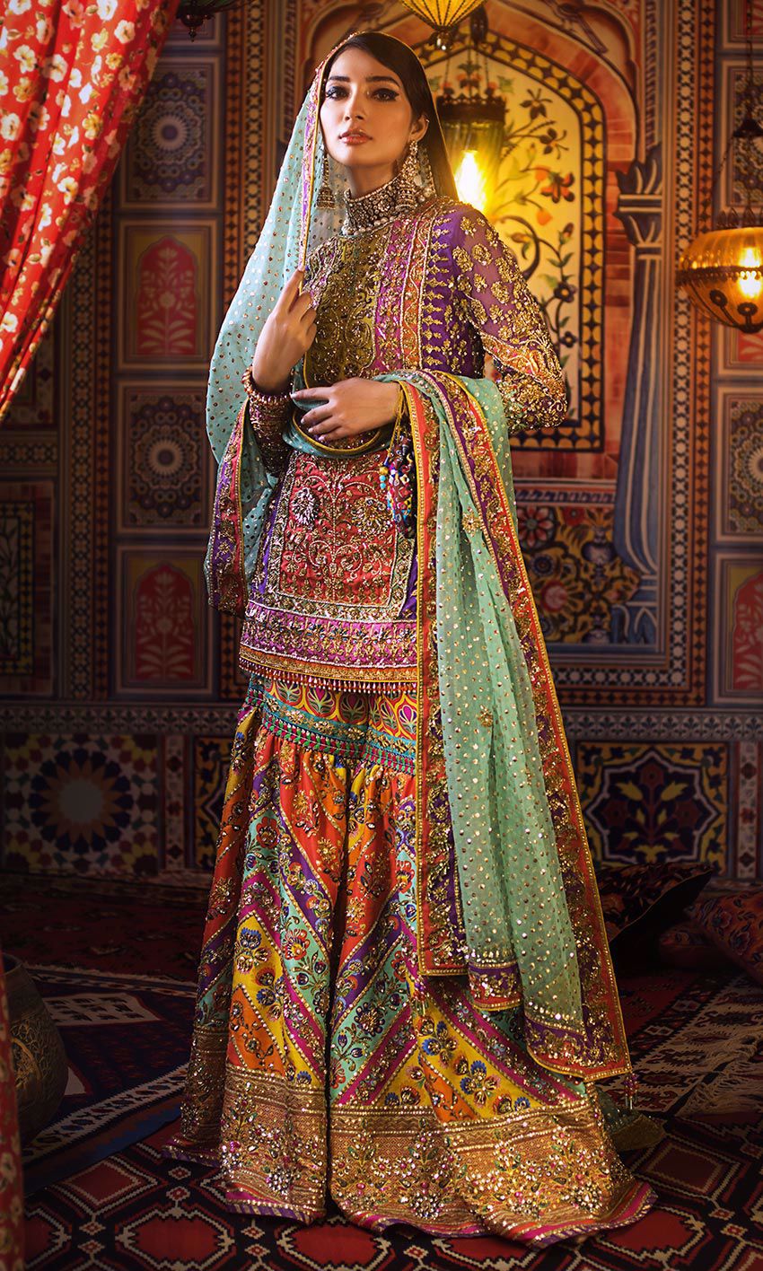 Purple Embellished Raw Silk Balochi Kameez Gharara (3-Piece) - Image 1