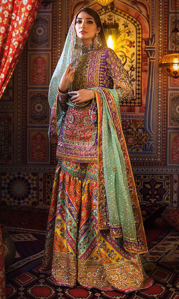 Purple Embellished Raw Silk Balochi Kameez Gharara (3-Piece) - Image 2