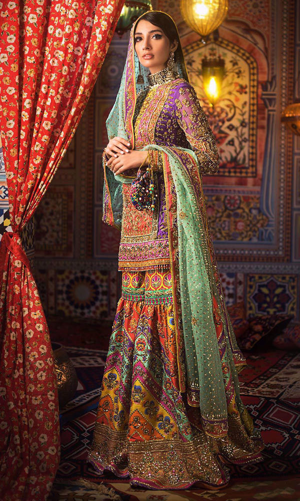 Purple Embellished Raw Silk Balochi Kameez Gharara (3-Piece) - Image 3