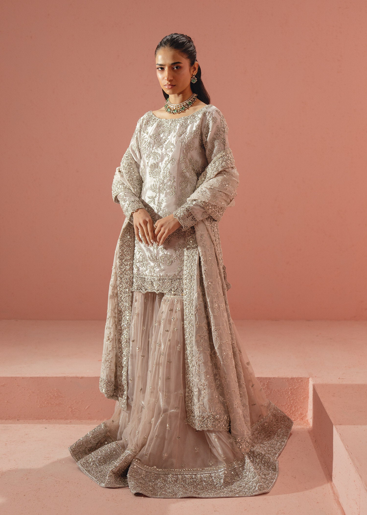 Lilac Zardozi Tissue Gharara Set (3-Piece) - Image 1