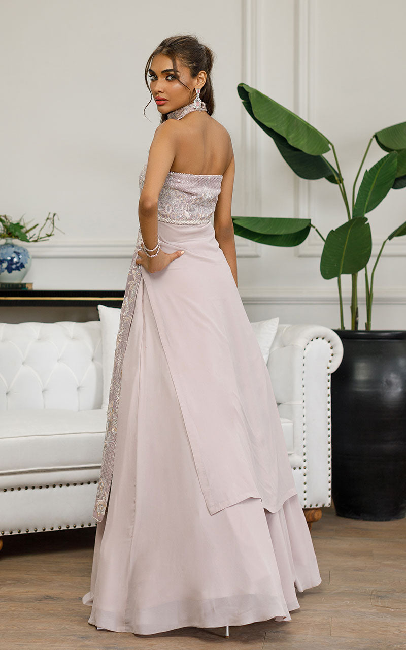 Pakistani Purple Embroidered Chiffon Halter-Neck Gown (2-Piece) - Image 2