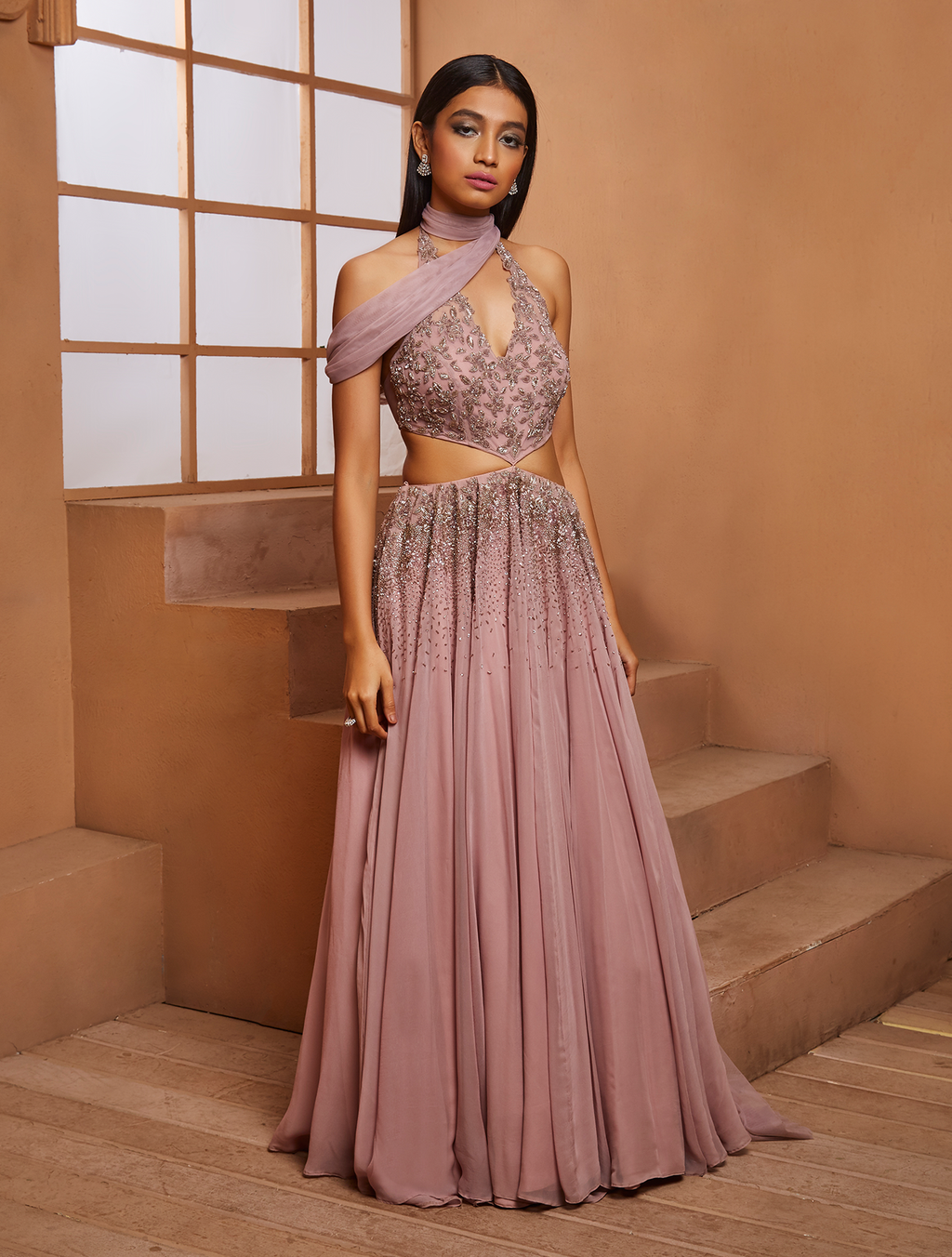 Lilac Beaded Georgette Satin Silk Gown (1-Pc) - Image 1