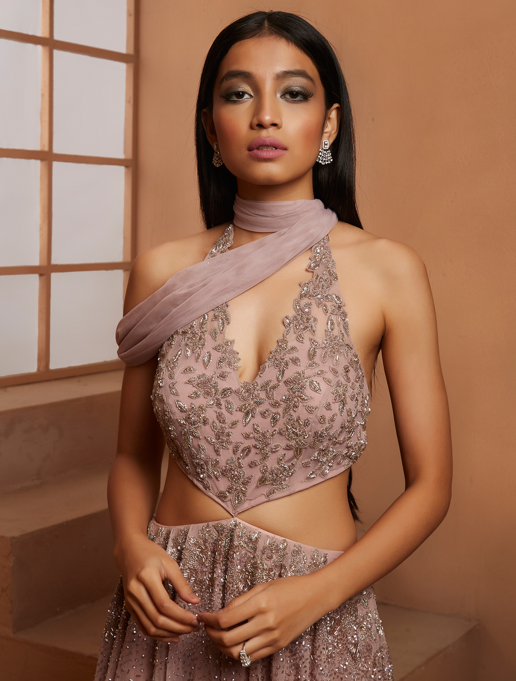 Lilac Beaded Georgette Satin Silk Gown (1-Pc) - Image 3