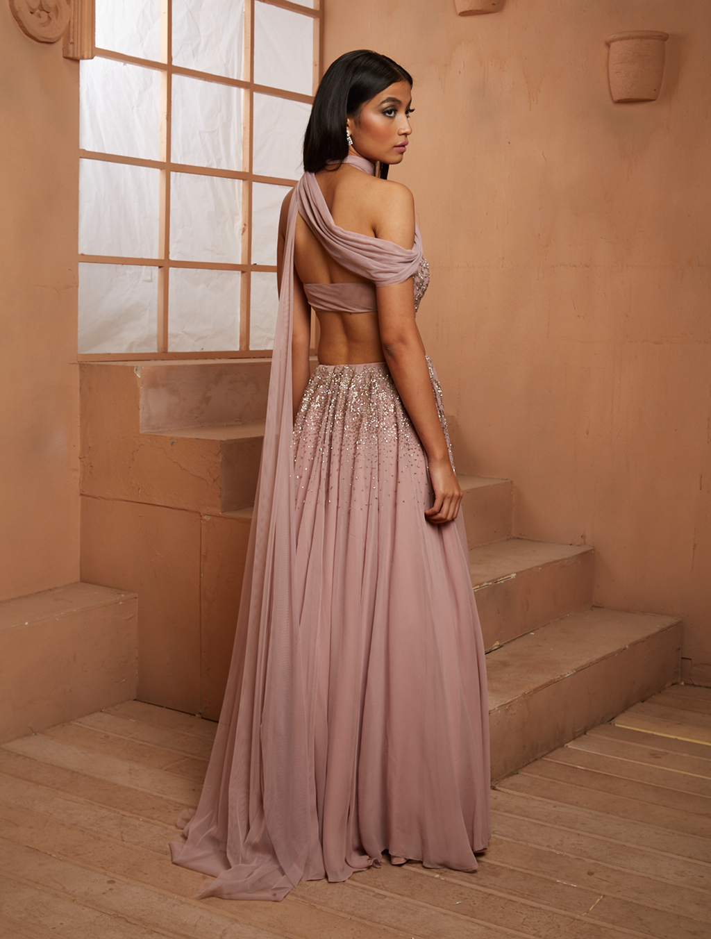 Lilac Beaded Georgette Satin Silk Gown (1-Pc) - Image 4