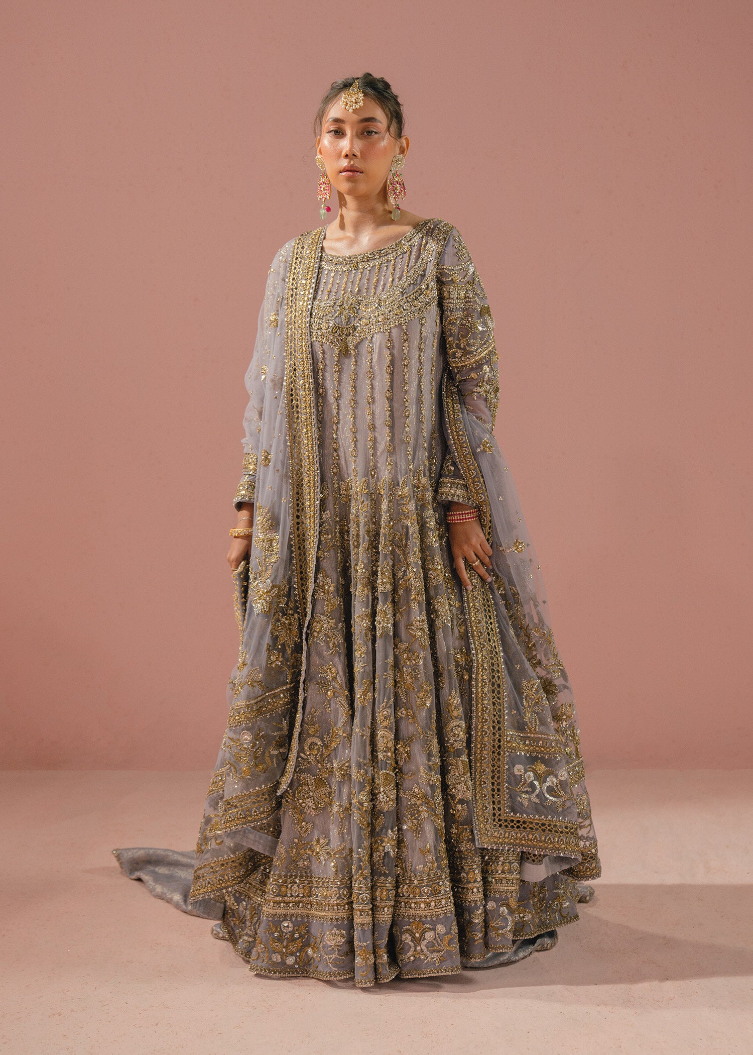 Pakistani Lavender Zardozi Net Kamkhwab Gown (2-Piece) - Image 1