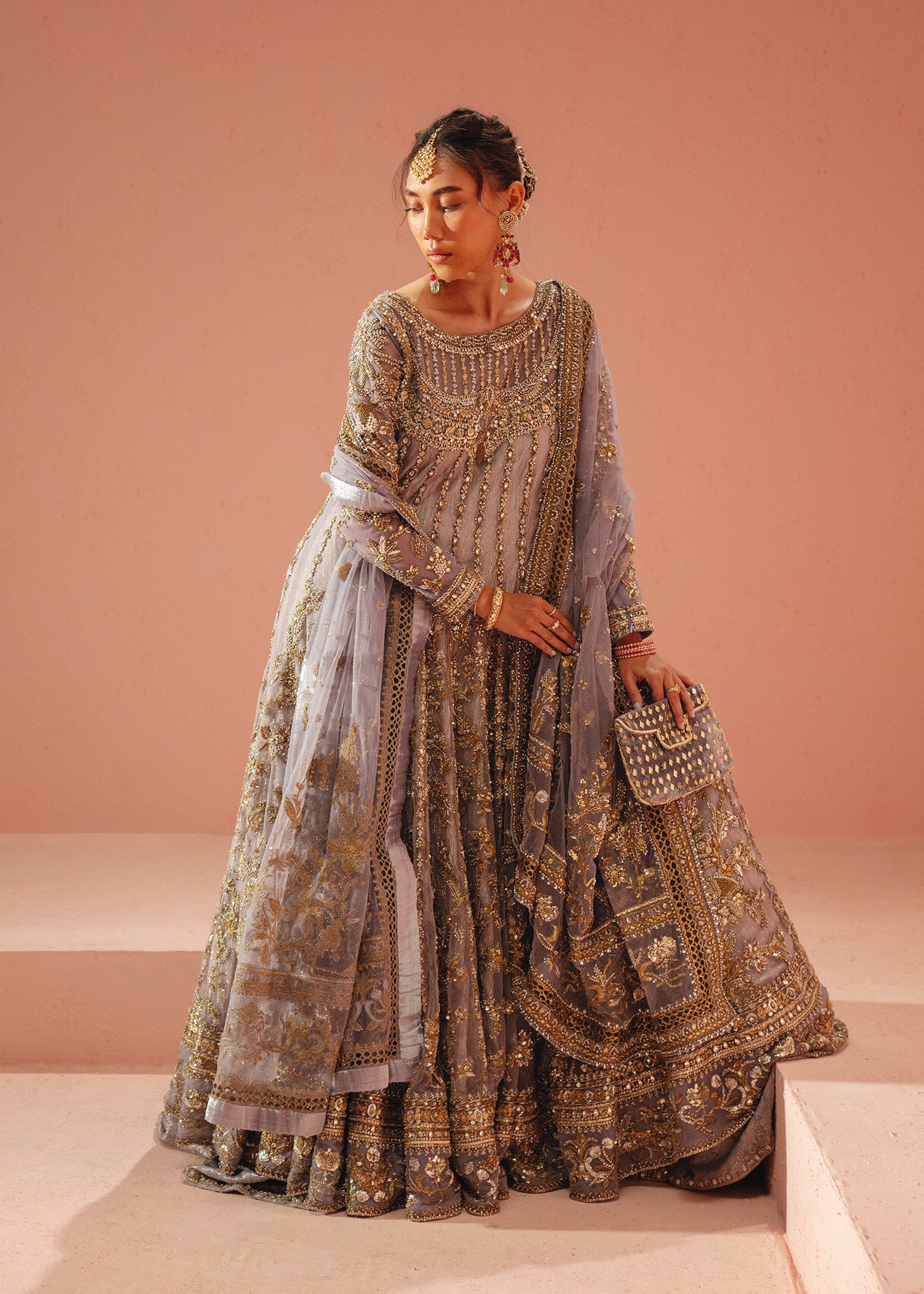 Pakistani Lavender Zardozi Net Kamkhwab Gown (2-Piece) - Image 2