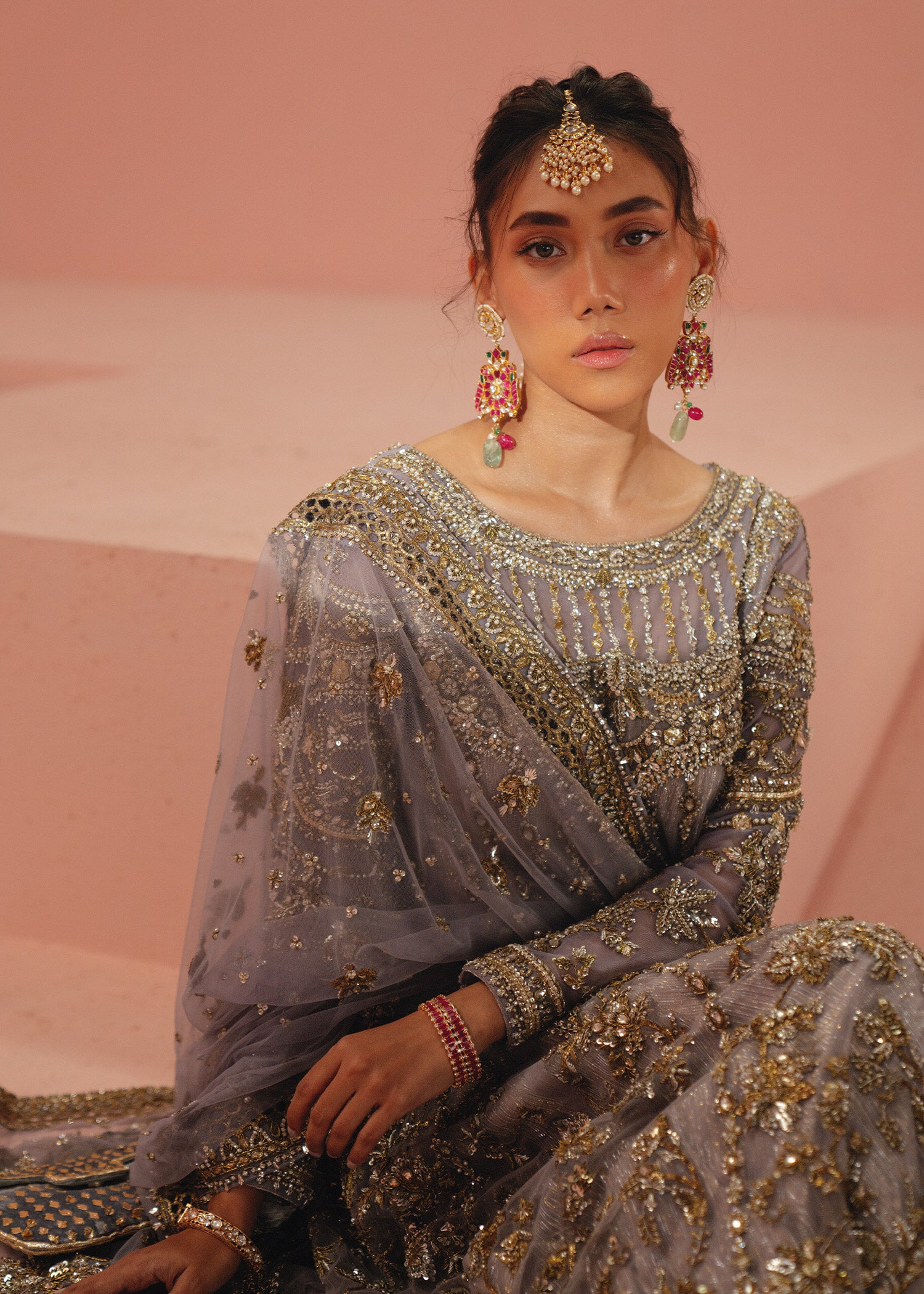 Pakistani Lavender Zardozi Net Kamkhwab Gown (2-Piece) - Image 3