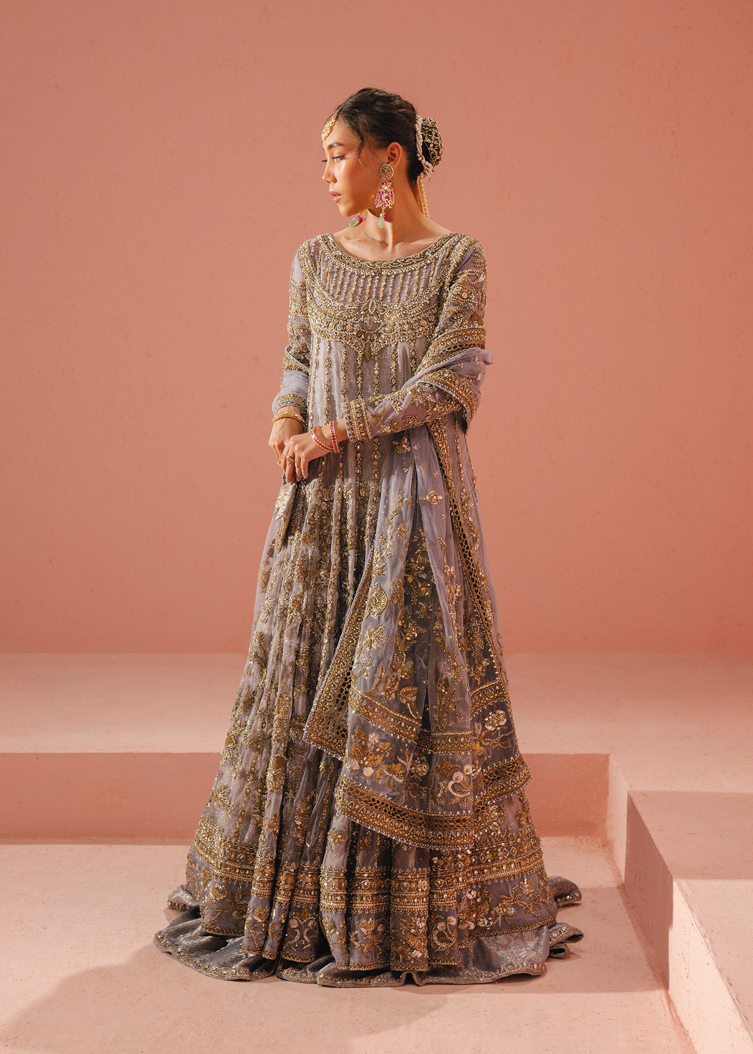 Pakistani Lavender Zardozi Net Kamkhwab Gown (2-Piece) - Image 6