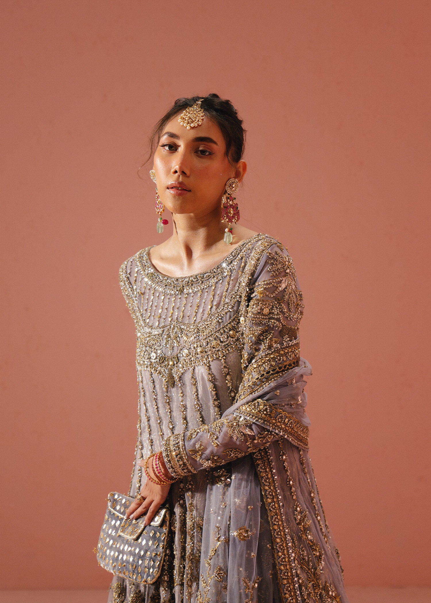 Pakistani Lavender Zardozi Net Kamkhwab Gown (2-Piece) - Image 7