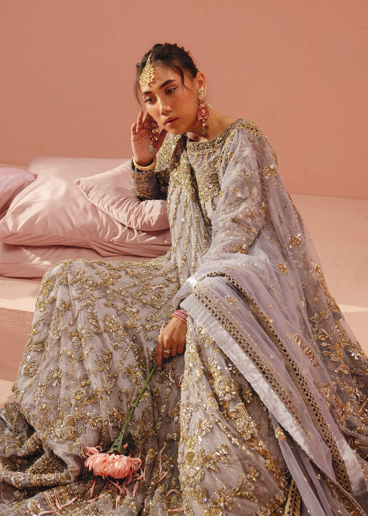 Pakistani Lavender Zardozi Net Kamkhwab Gown (2-Piece) - Image 8