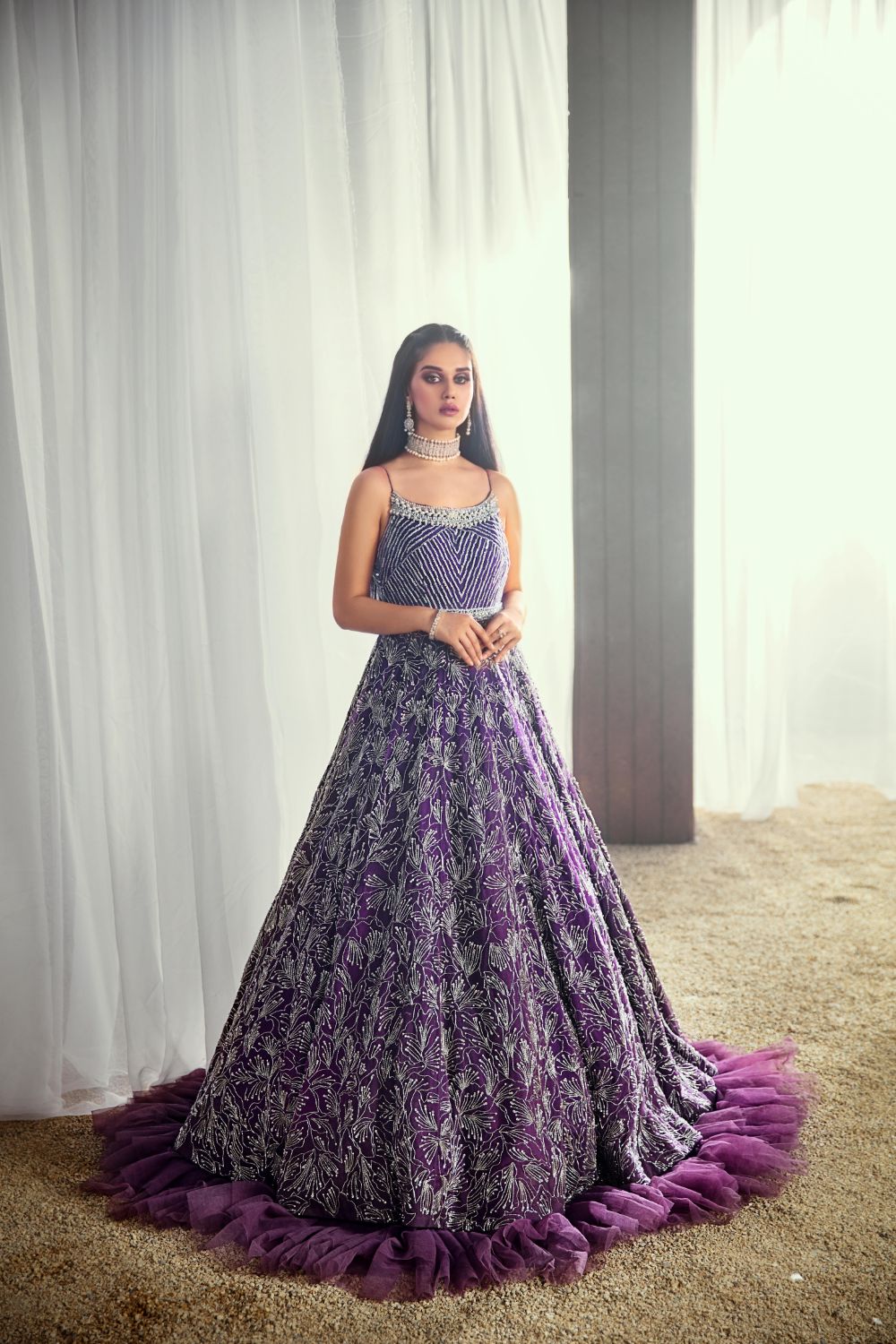 Pakistani Purple Cutstone & Pearl Net Maxi Dress (1-Pc) - Image 1