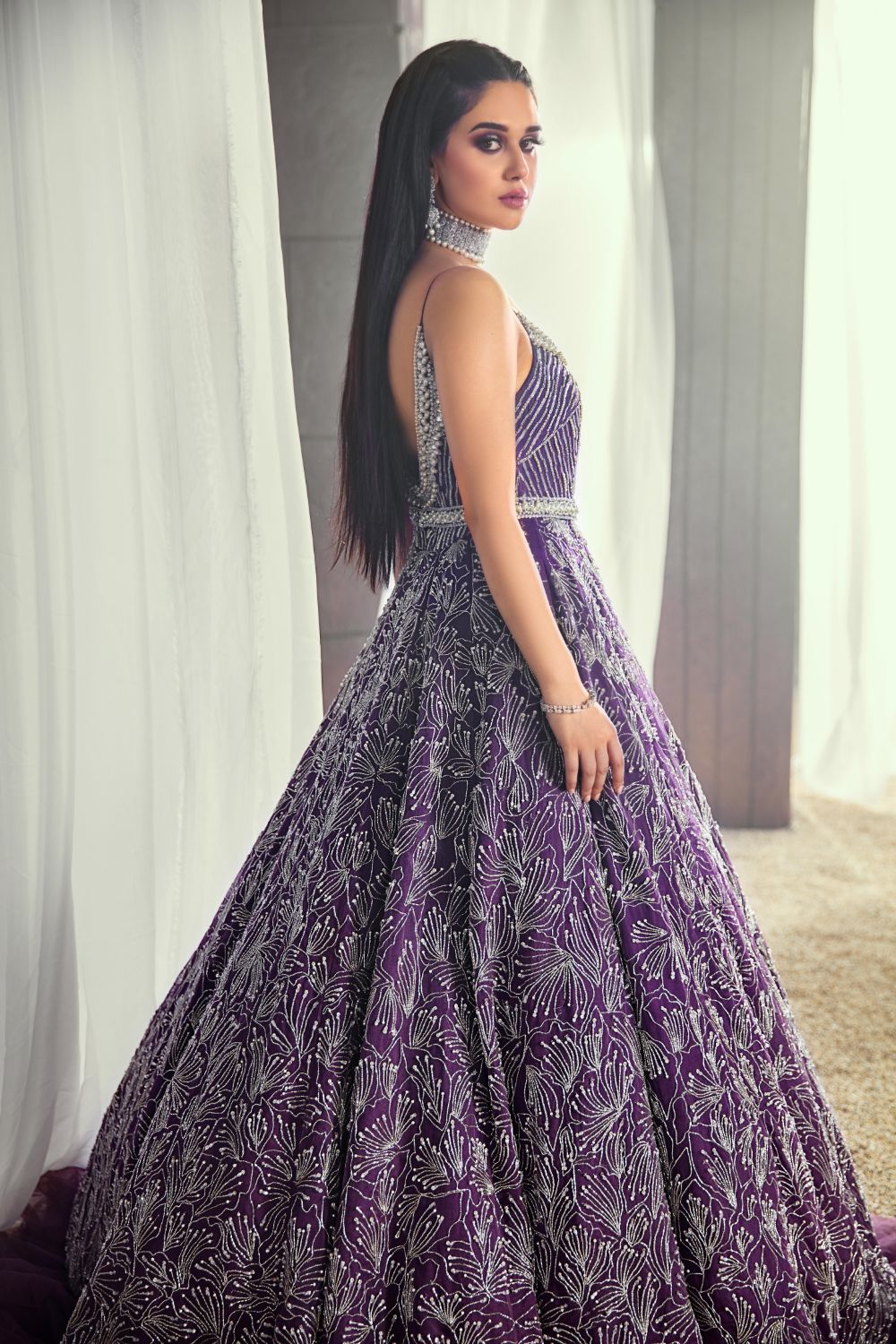 Pakistani Purple Cutstone & Pearl Net Maxi Dress (1-Pc) - Image 2