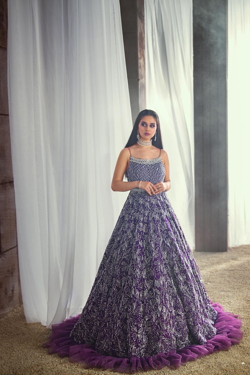 Pakistani Purple Cutstone & Pearl Net Maxi Dress (1-Pc) - Image 3