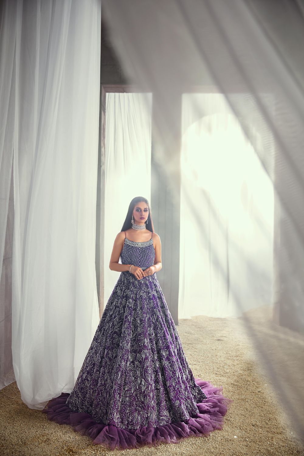 Pakistani Purple Cutstone & Pearl Net Maxi Dress (1-Pc) - Image 4