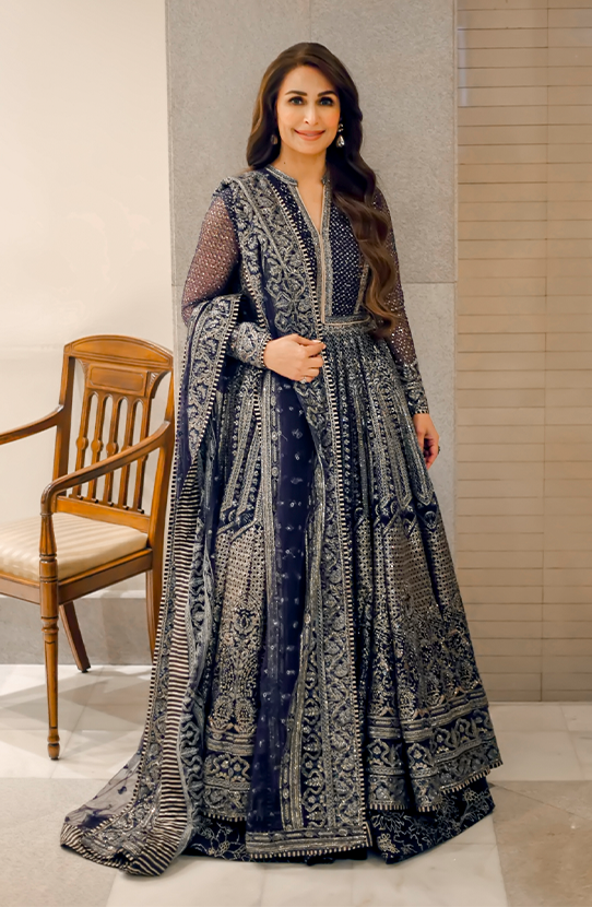 Pakistani Royal Purple Embroidered Net Gown with Silk Lehenga (3-Piece) - Image 3