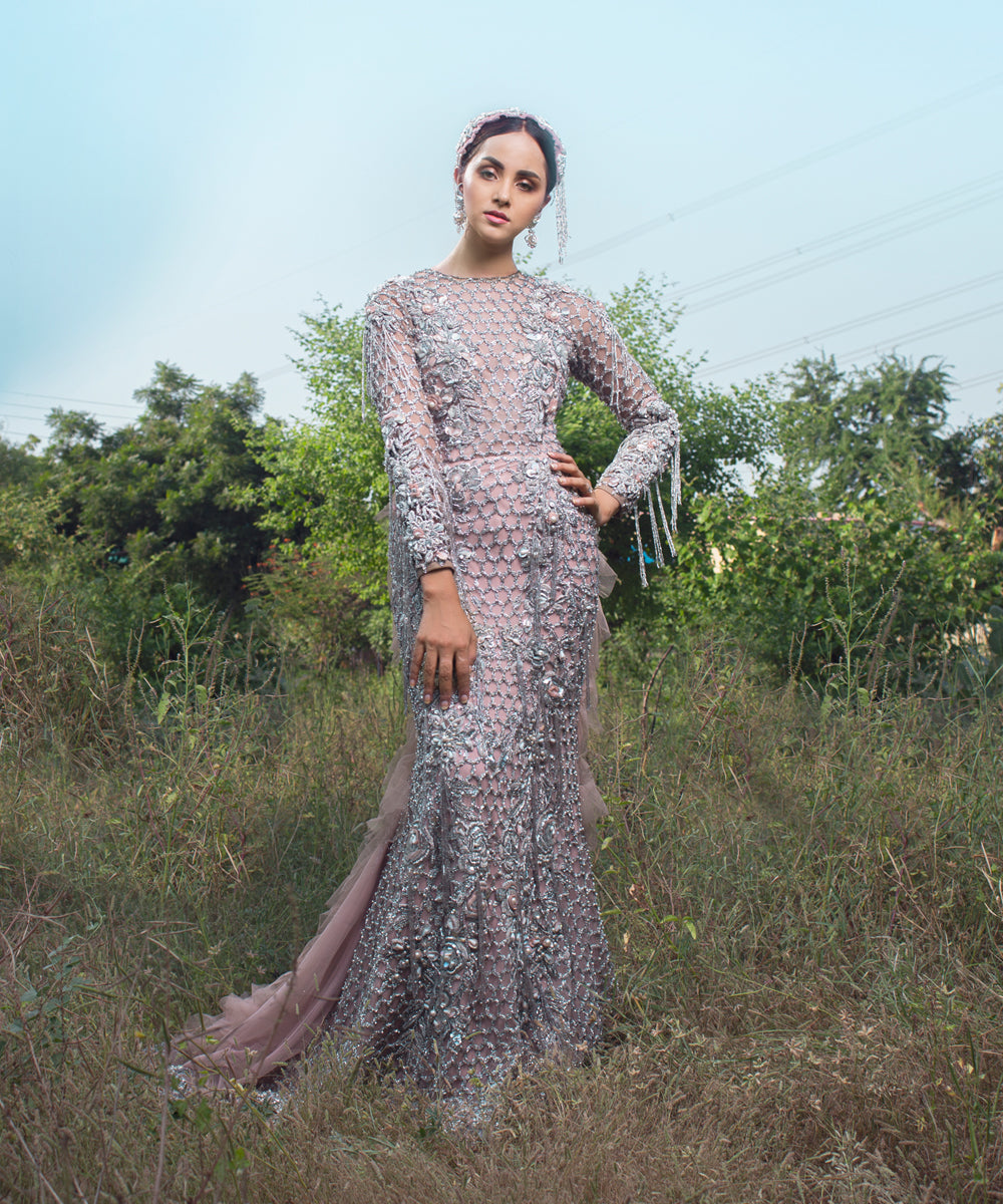 Pakistani Dusty Lilac Mirror & Sequin Net Gown (1-Pc) - Image 1