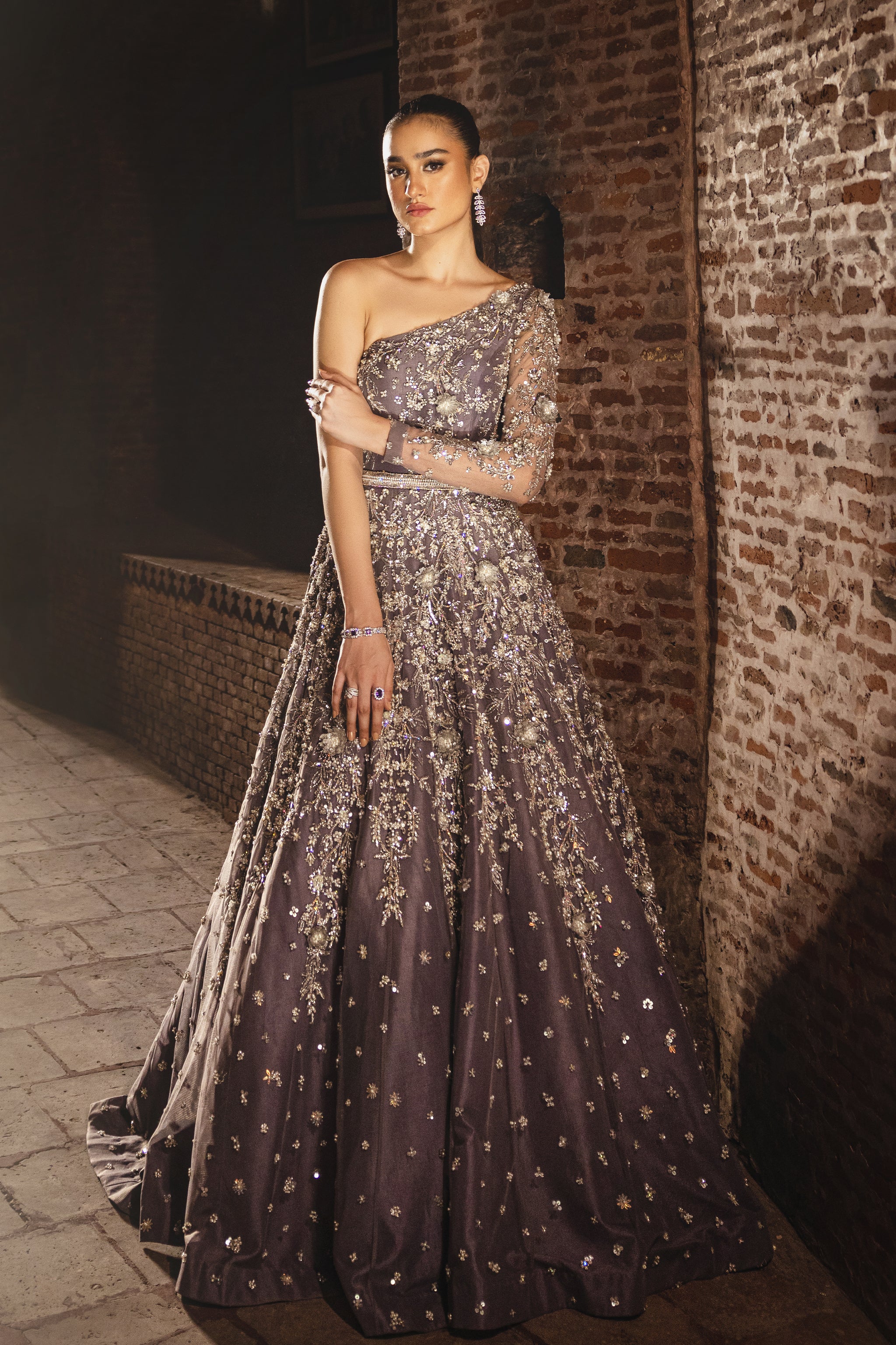 Lavender Silver Embellished Net One-Shoulder Bridal Gown (1-Pc) - Image 1