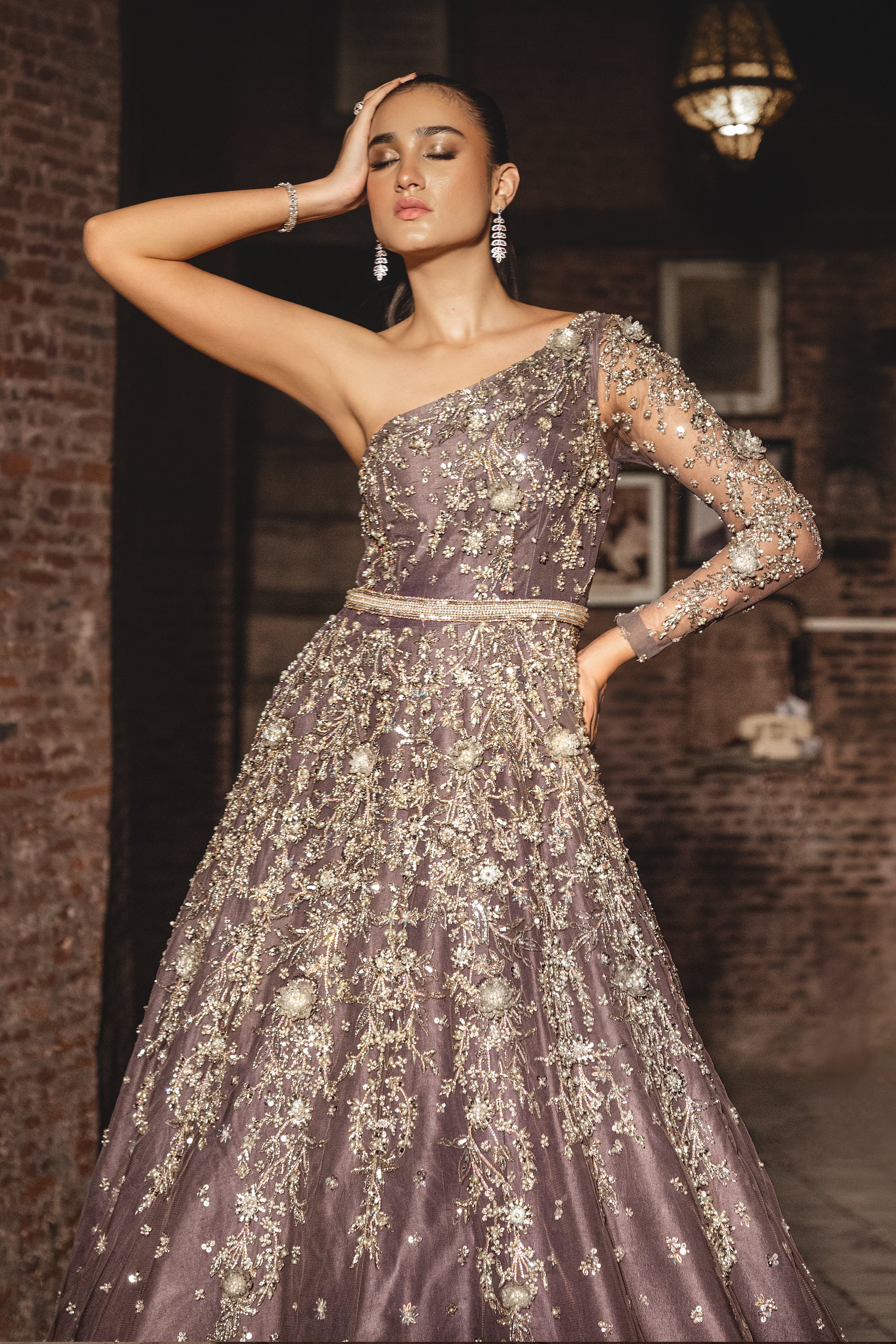 Lavender Silver Embellished Net One-Shoulder Bridal Gown (1-Pc) - Image 2