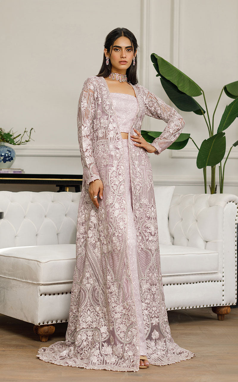 Lilac Embroidered Net Long Jacket Gown (2-Piece) - Image 1