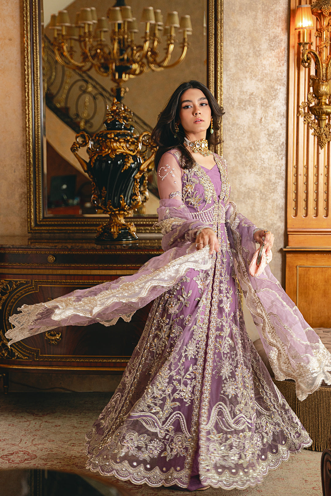 Pakistani Lilac Embroidered Net Bridal Maxi (2-Piece) - Image 1