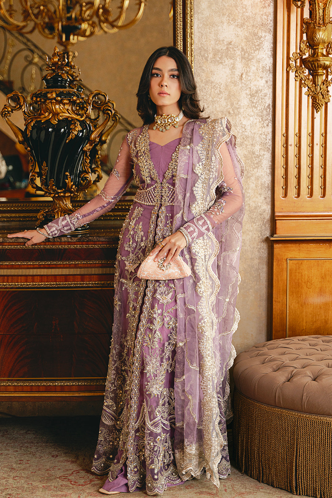 Pakistani Lilac Embroidered Net Bridal Maxi (2-Piece) - Image 2