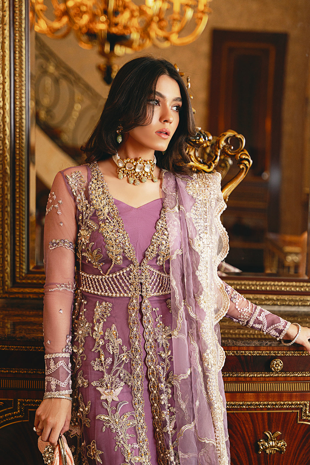 Pakistani Lilac Embroidered Net Bridal Maxi (2-Piece) - Image 3