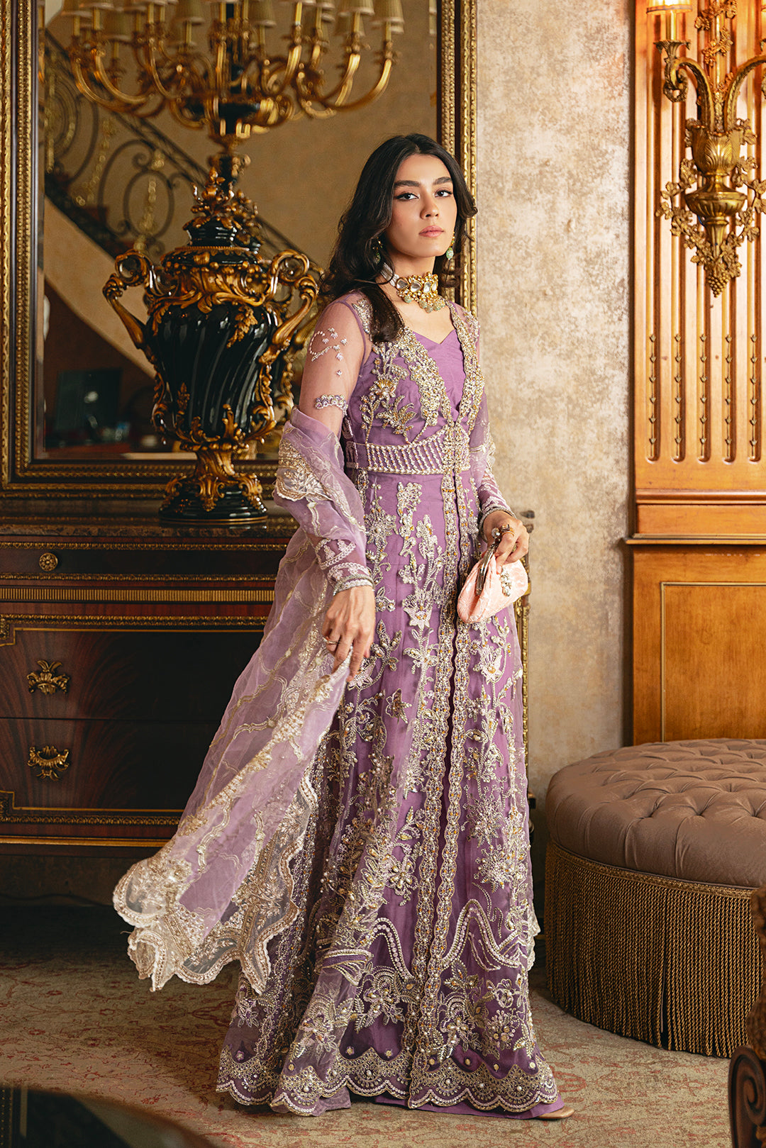 Pakistani Lilac Embroidered Net Bridal Maxi (2-Piece) - Image 4