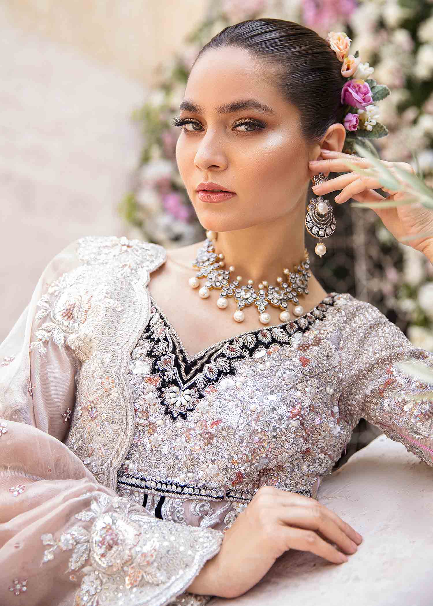 Pakistani Dusty Lilac Embellished Net Bridal Gown (2-Piece) - Image 5