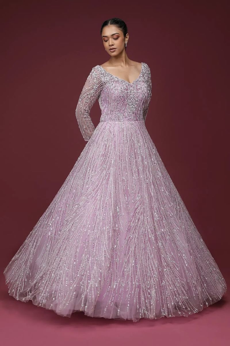 Indian Light Lilac Embellished Net Reception Gown (1-Pc) - Image 1