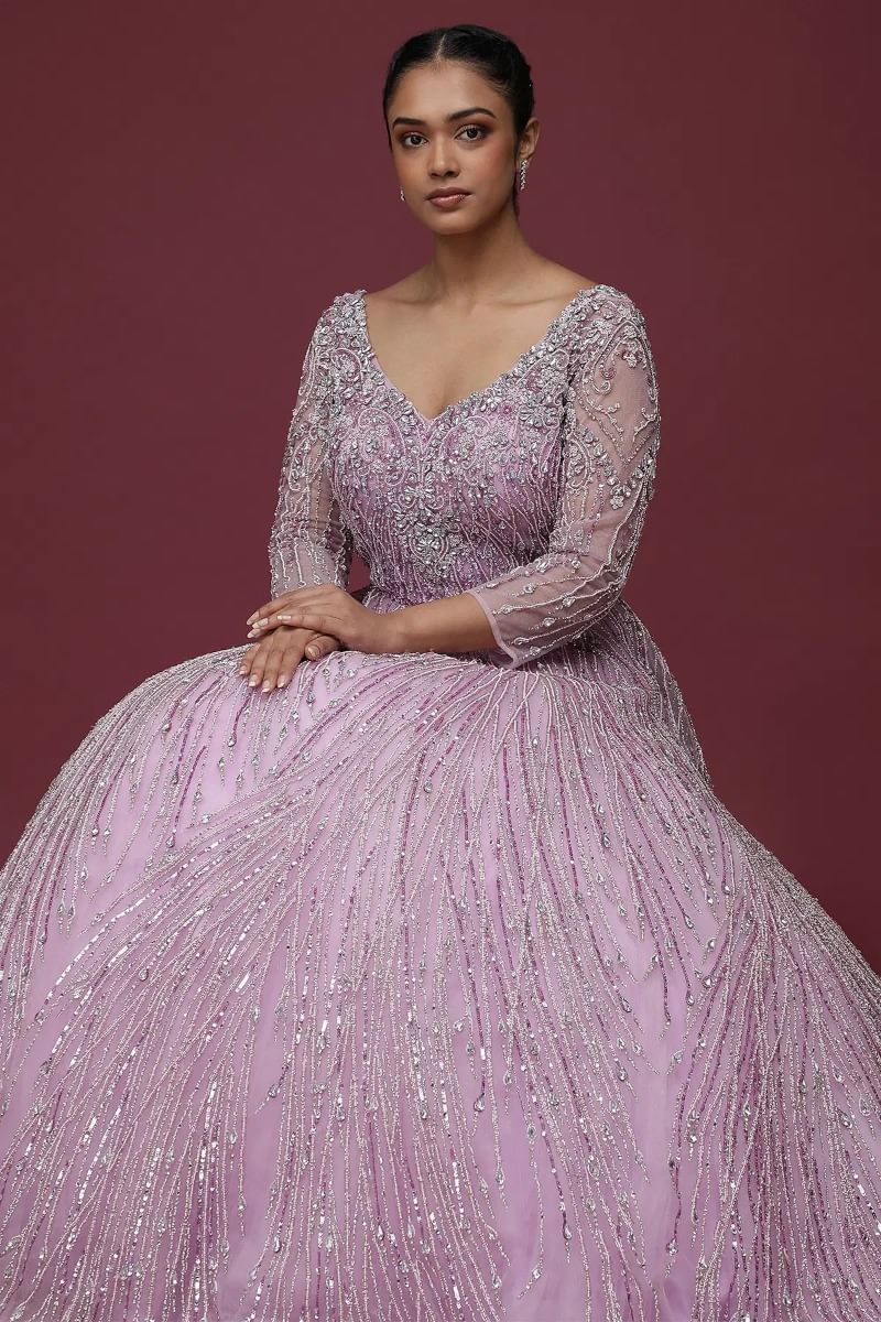 Indian Light Lilac Embellished Net Reception Gown (1-Pc) - Image 2