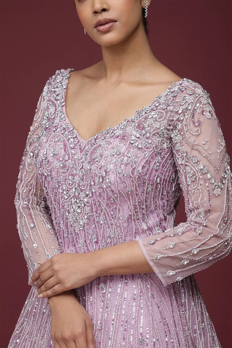 Indian Light Lilac Embellished Net Reception Gown (1-Pc) - Image 4