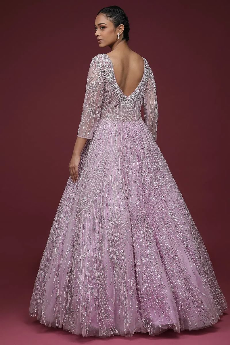 Indian Light Lilac Embellished Net Reception Gown (1-Pc) - Image 8