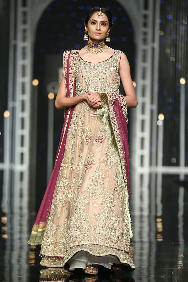 Pakistani Lilac Zardozi Net Gown with Golden Lehenga (3-Piece) - Image 1