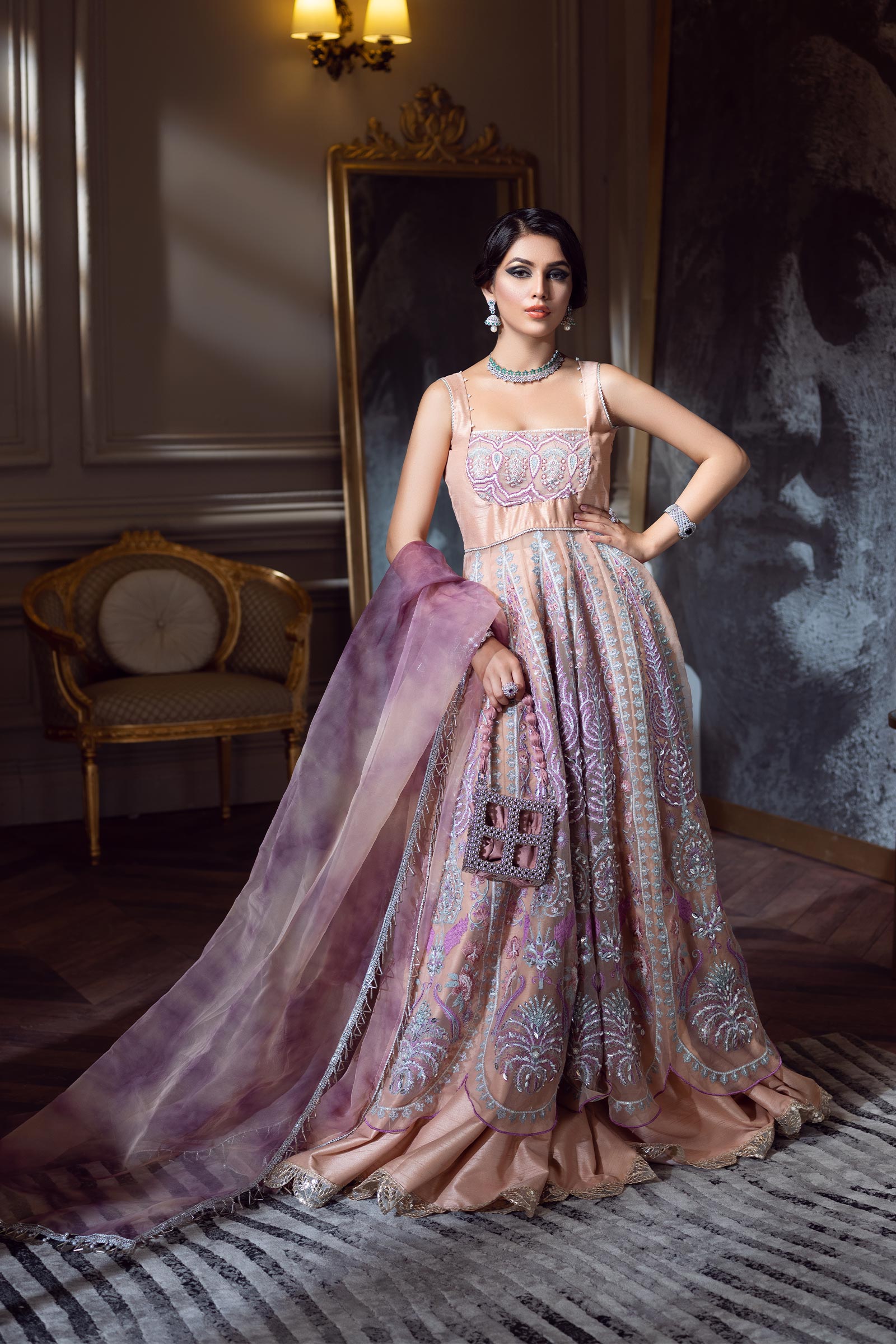 Pakistani Lilac Embellished Organza Gown (3-Piece) - Image 1