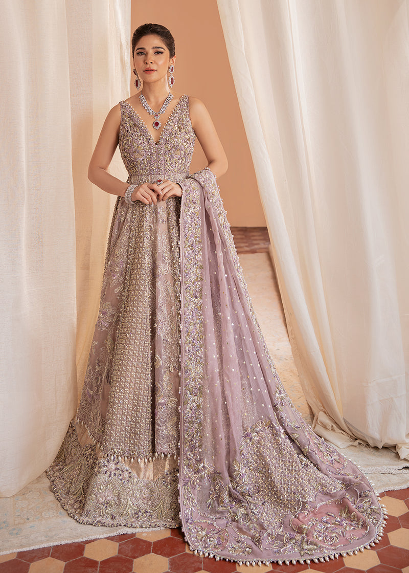 Lilac Embroidered Organza Gown with Jamawar Lehnga (3-Piece) - Image 1