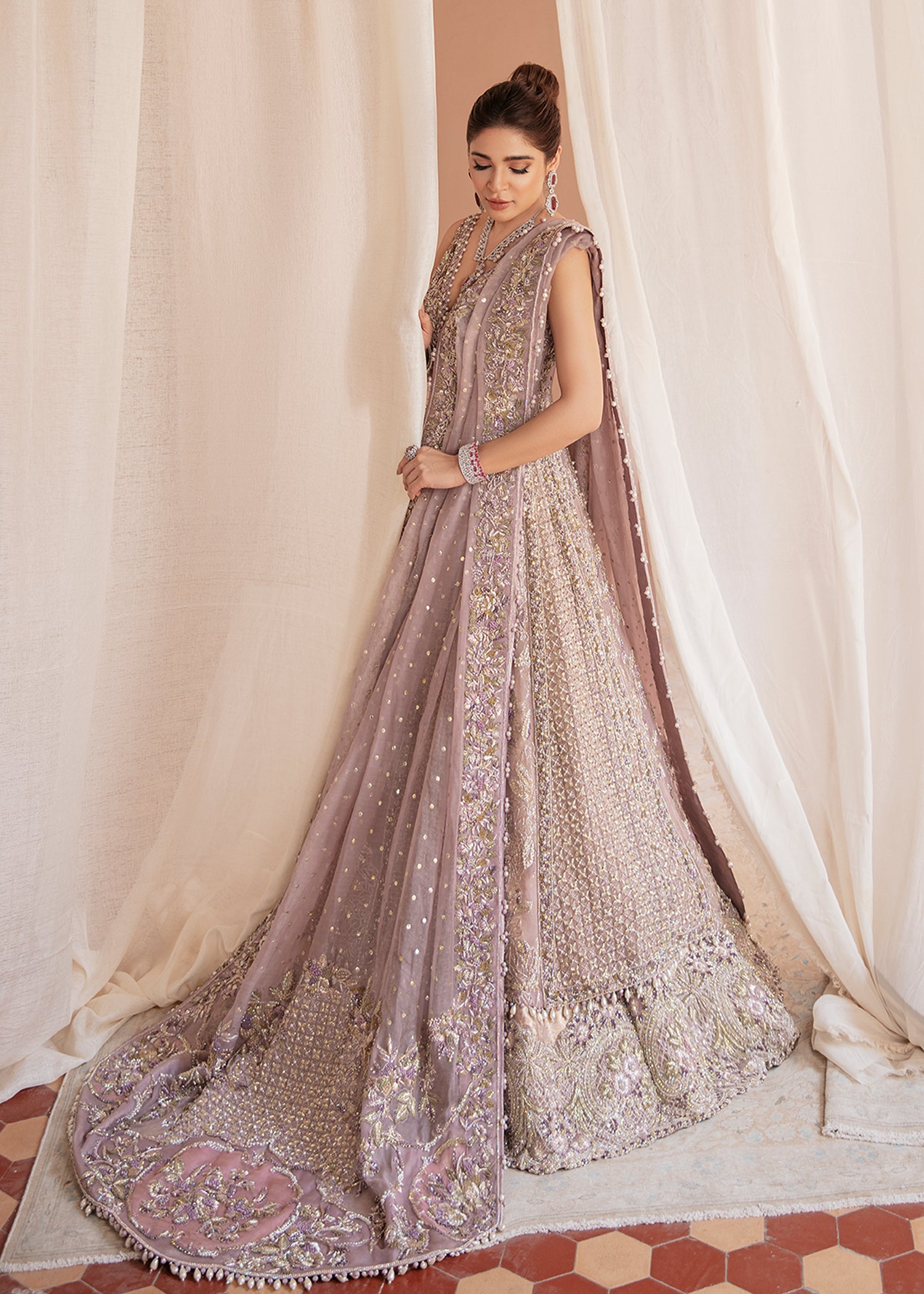 Lilac Embroidered Organza Gown with Jamawar Lehnga (3-Piece) - Image 3