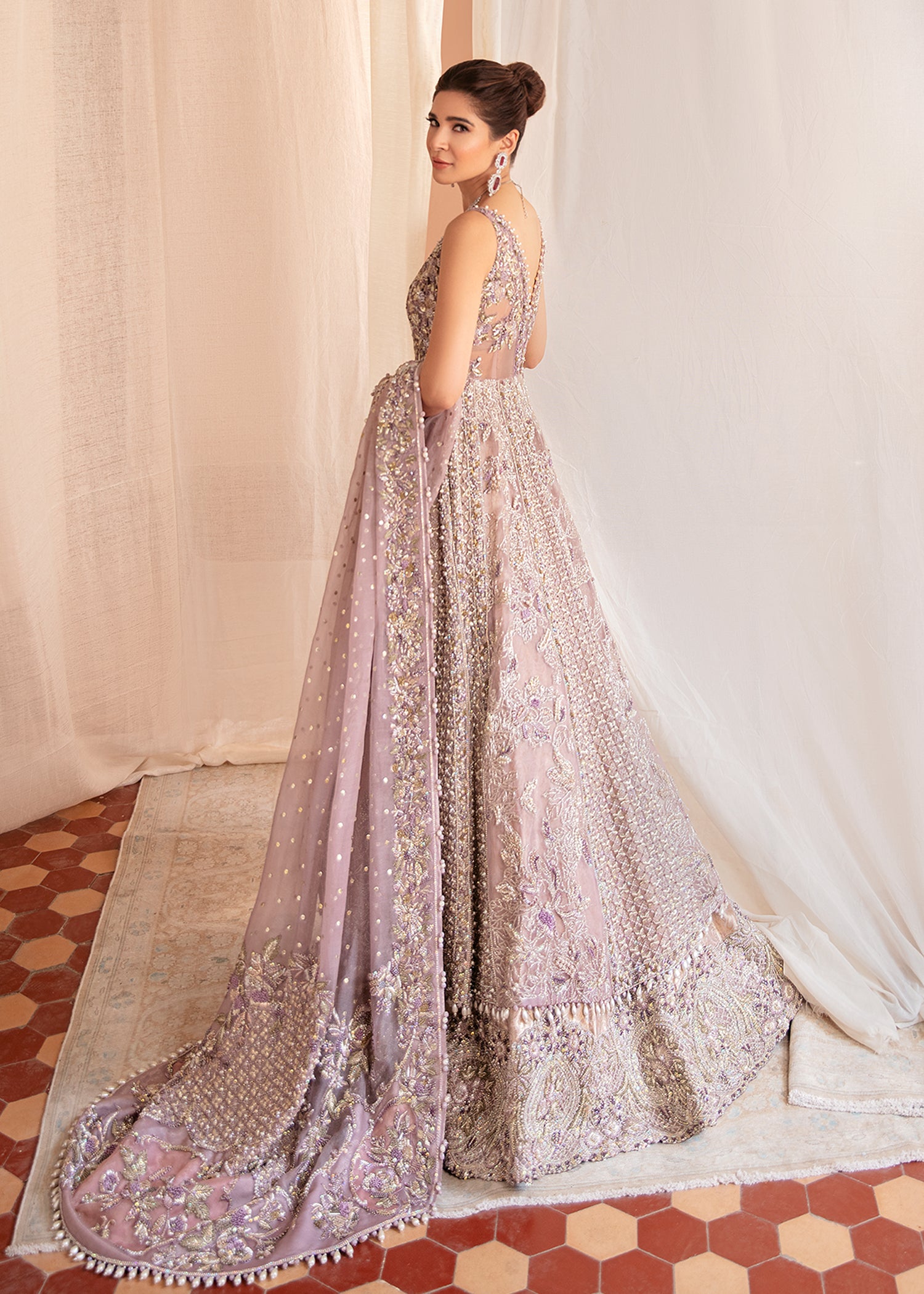 Lilac Embroidered Organza Gown with Jamawar Lehnga (3-Piece) - Image 4