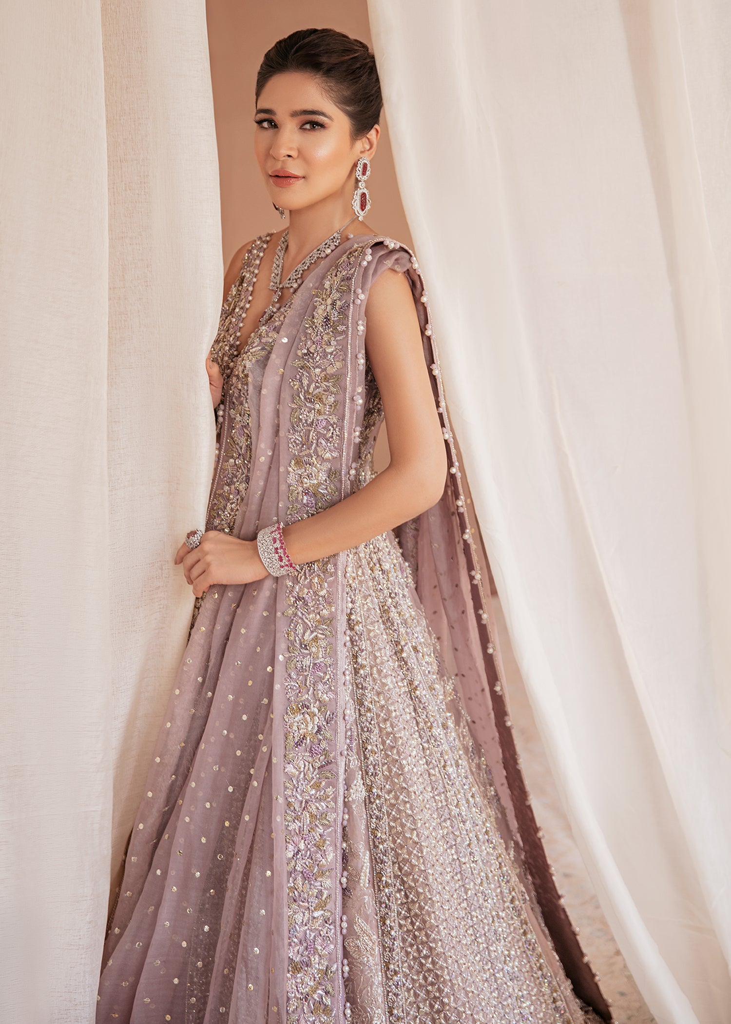 Lilac Embroidered Organza Gown with Jamawar Lehnga (3-Piece) - Image 5