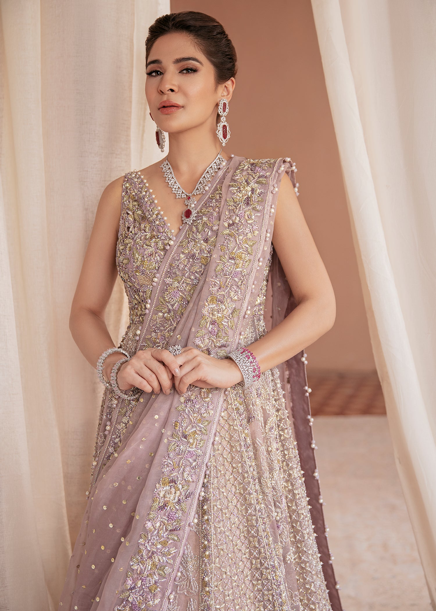 Lilac Embroidered Organza Gown with Jamawar Lehnga (3-Piece) - Image 6