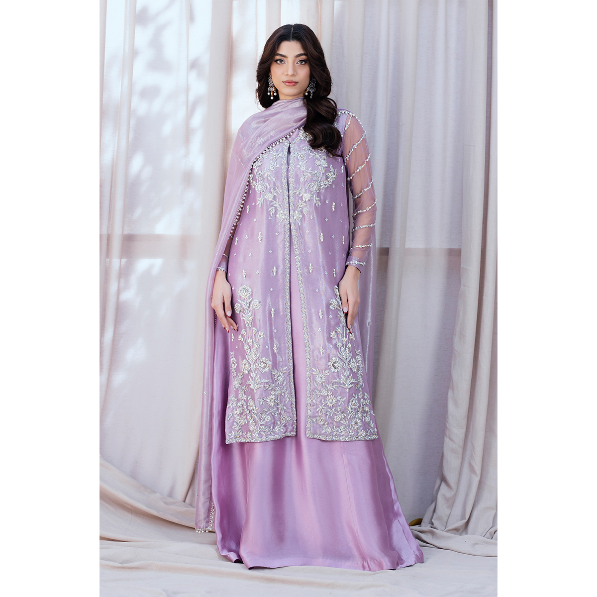 Pakistani Lilac Hand-Embellished Pure Tissue Gown (3-Piece) - Image 1