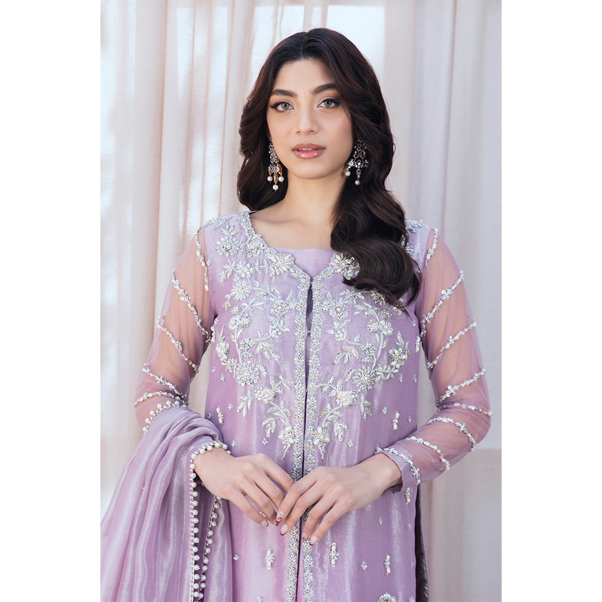 Pakistani Lilac Hand-Embellished Pure Tissue Gown (3-Piece) - Image 2