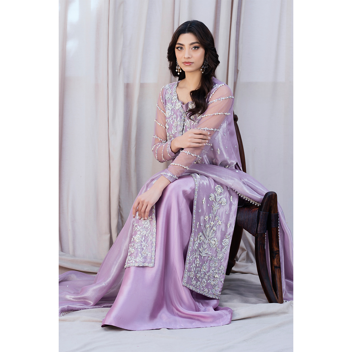 Pakistani Lilac Hand-Embellished Pure Tissue Gown (3-Piece) - Image 3