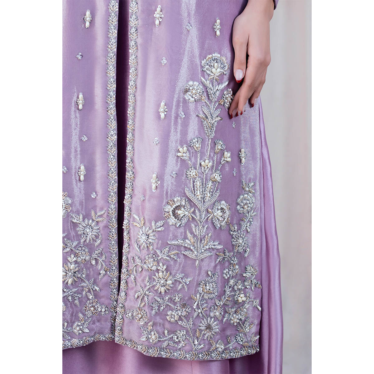 Pakistani Lilac Hand-Embellished Pure Tissue Gown (3-Piece) - Image 5